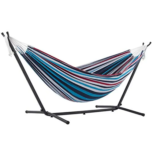 Vivere Double Cotton Hammock with Space Saving Steel Stand, Denim (450 lb Capacity - Premium Carry Bag Included), Denim with Charcoal Frame, 1 Count