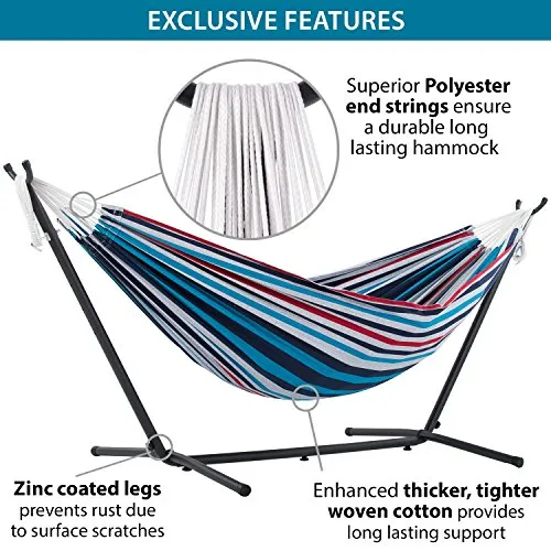 Vivere Double Cotton Hammock with Space Saving Steel Stand, Denim (450 lb Capacity - Premium Carry Bag Included), Denim with Charcoal Frame, 1 Count